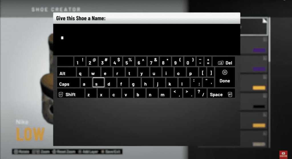creating a name for edited custom shoe in NBA 2K20 