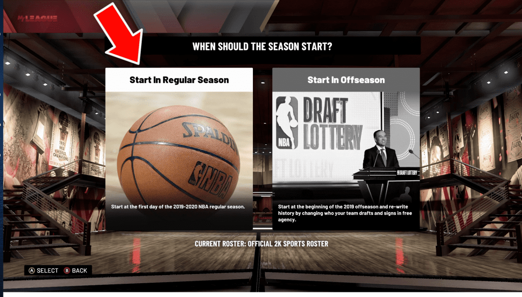 Select a choice to start your MyLeague in the Regular Season or start in the Offseason in NBA 2K20 MyLeague
