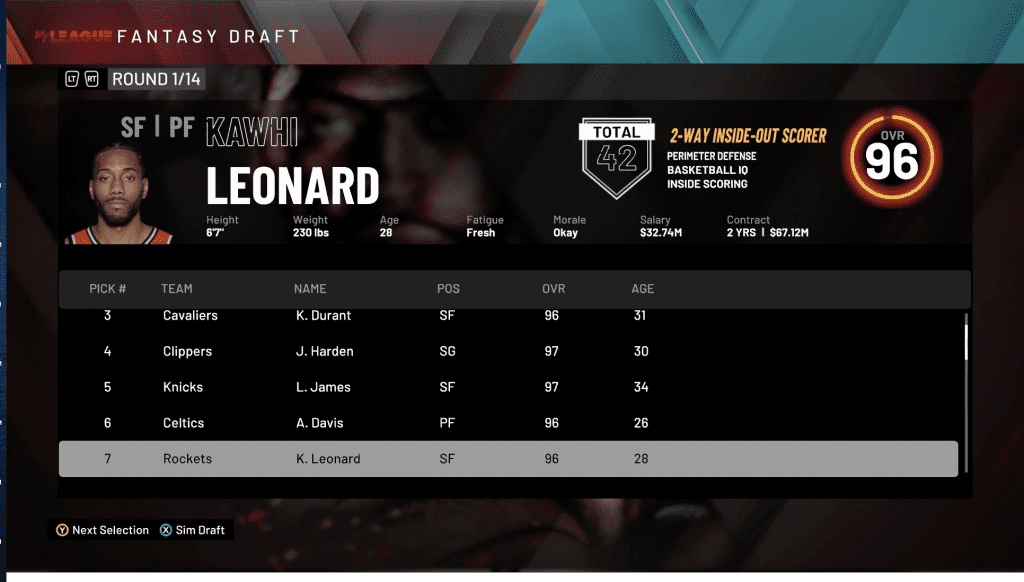 Kawhi leonard SF PF. Fantasy draft in NBA 2K20 MyLeague