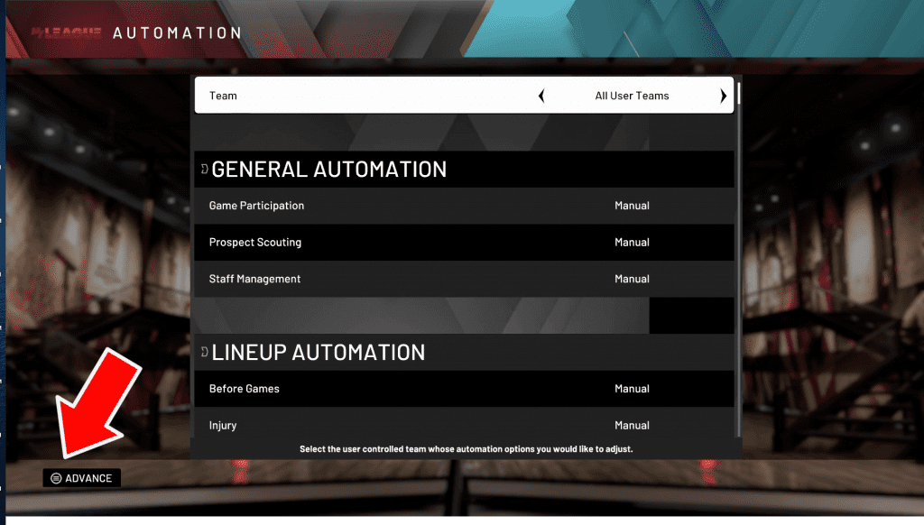 Advance to the next screen option in NBA 2K20 MyLeague