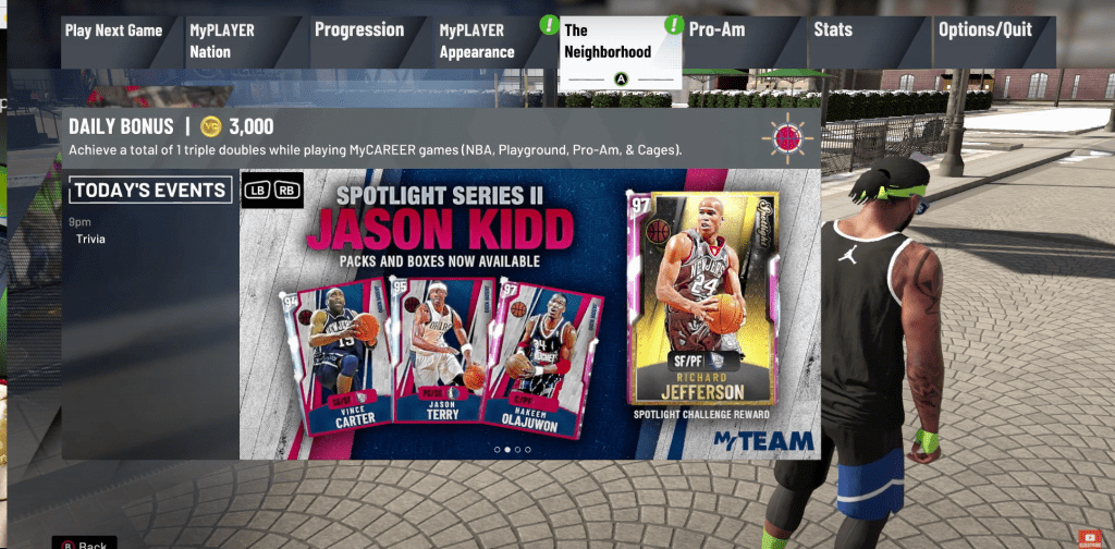 highlighting the neighborhood option in the myplayer main menu in nba 2k20 mycareer