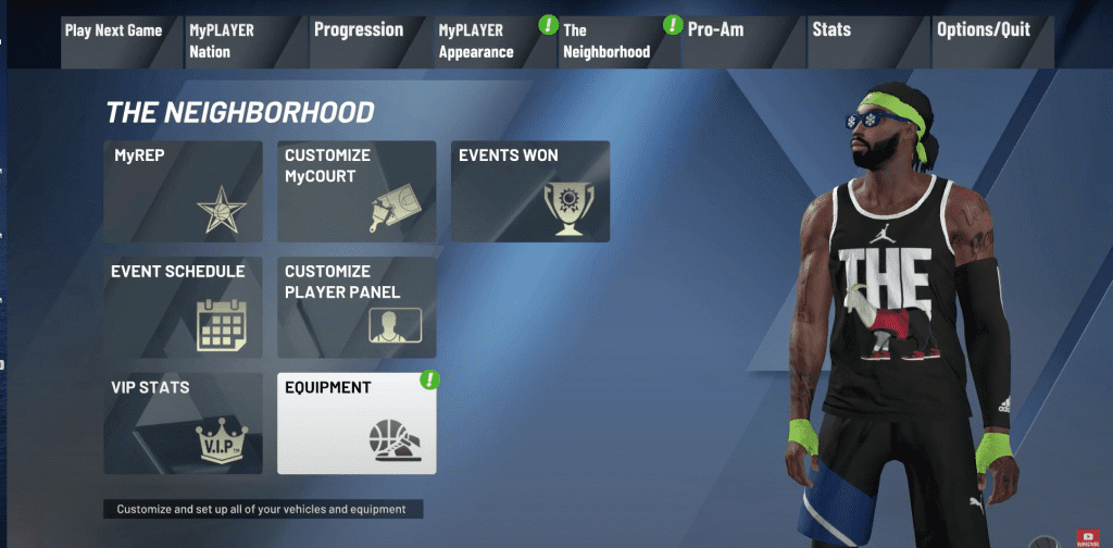 highlighting equipment menu in the myplayer main menu in nba 2k20 mycareer