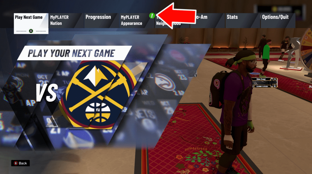 myplayer appearance menu option with red arrow pointing in nba 2k20 