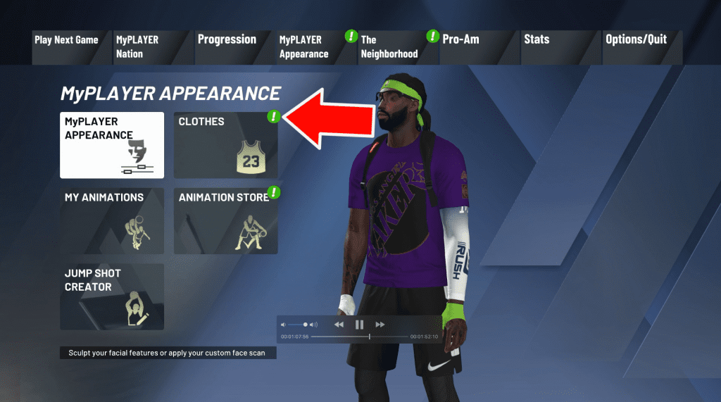 myplayer appearance menu with red arrow point towards clothes menu option in nba 2k20 