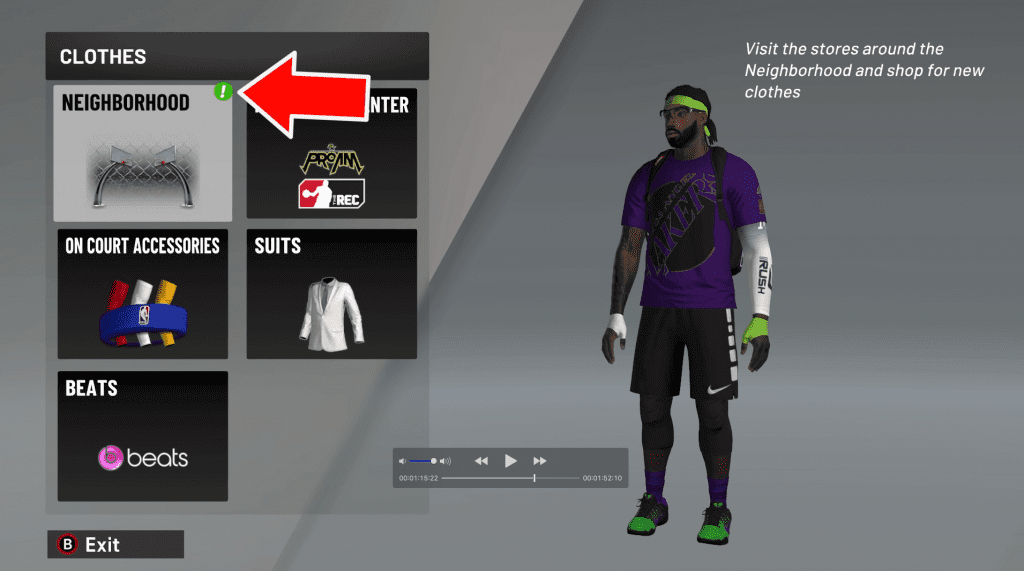 clothes menu with red arrow pointing to neighborhood menu option in nba 2k20 