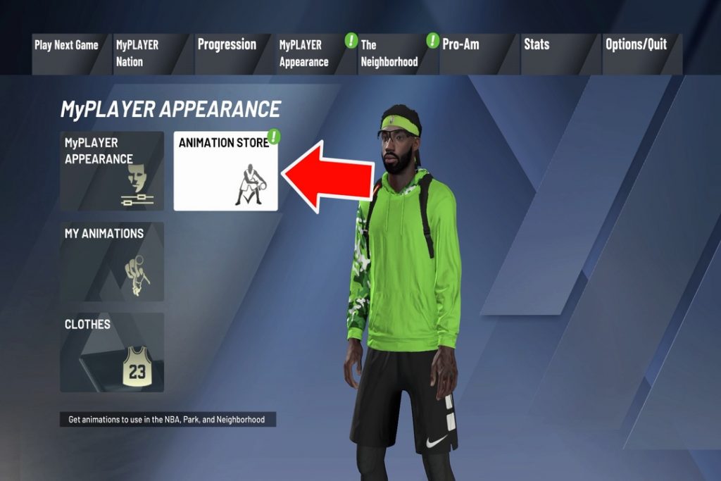 red arrow pointing to animation store menu option in myplayer appearance menu