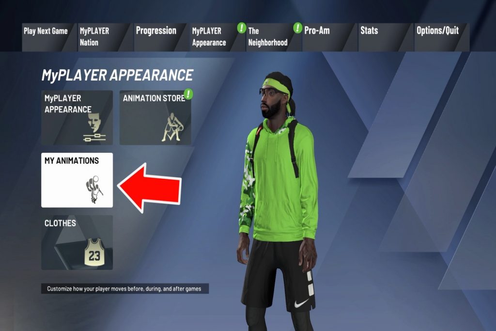 red arrow pointing to my animations menu option in the myplayer appearance menu