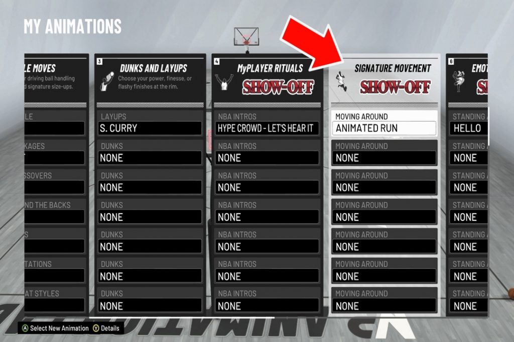red arrow pointing to the signature movement show-off menu option in the my animation menu