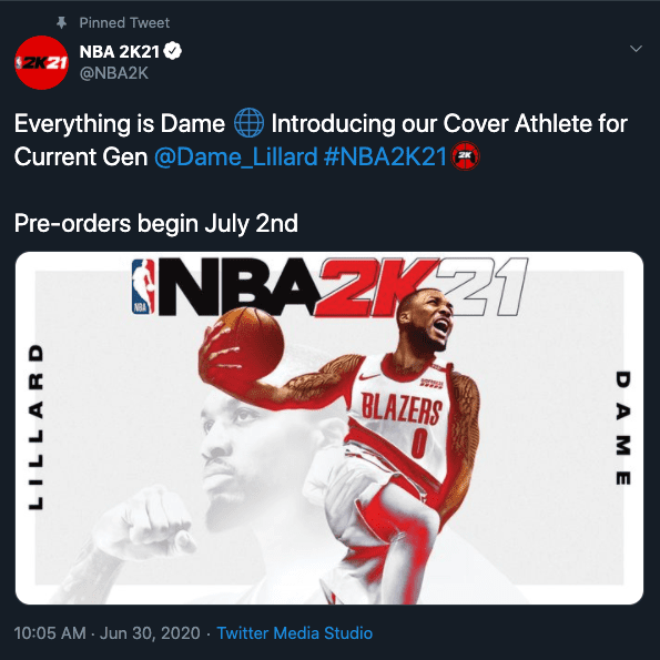 Damian Lillard NBA 2K21 Cover Athlete Tweet by nba 2k21 twitter page