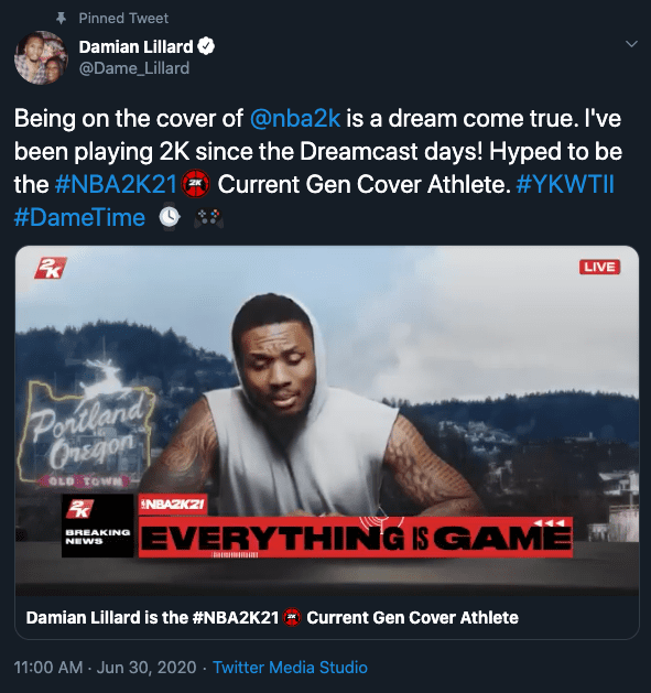 Tweet by Damian Lillard about being selected as the NBA 2K21 Cover Athlete Tweet 